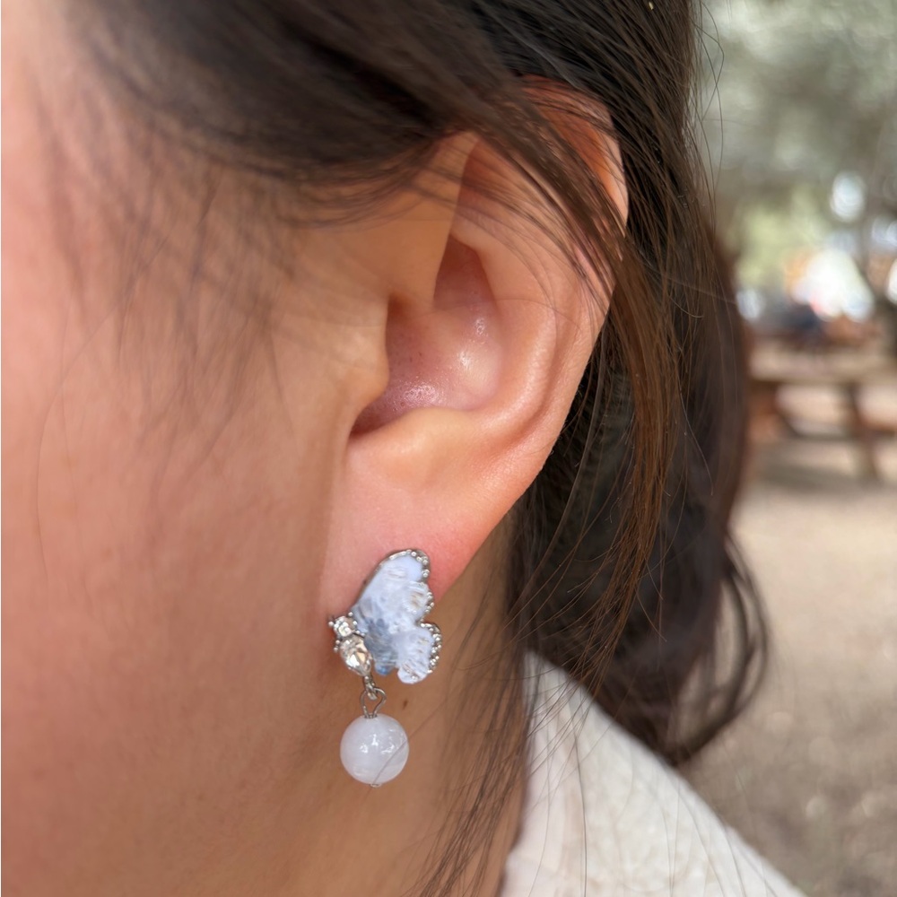 Elegant Butterfly Drop Earrings – Silver Tone with Natural Frosted Stone - Picture 3 of 5